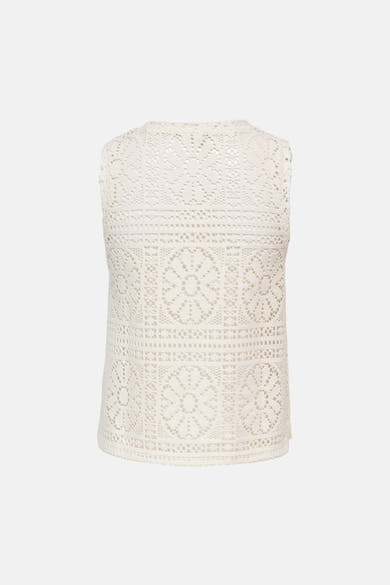 Ecru mouwloos top van ONLY® in ajourgebreid met geometrische en bloemenpatronen, achterzijde.