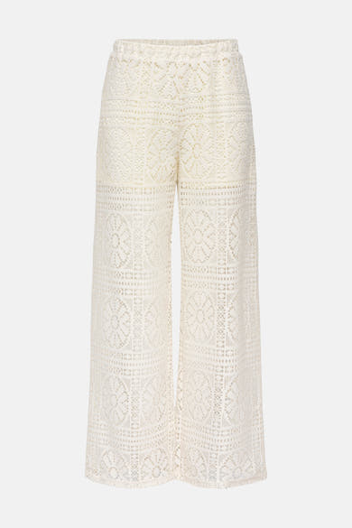Pantalon écru de ONLY en dentelle ajourée à motif floral et géométrique, coupe large.