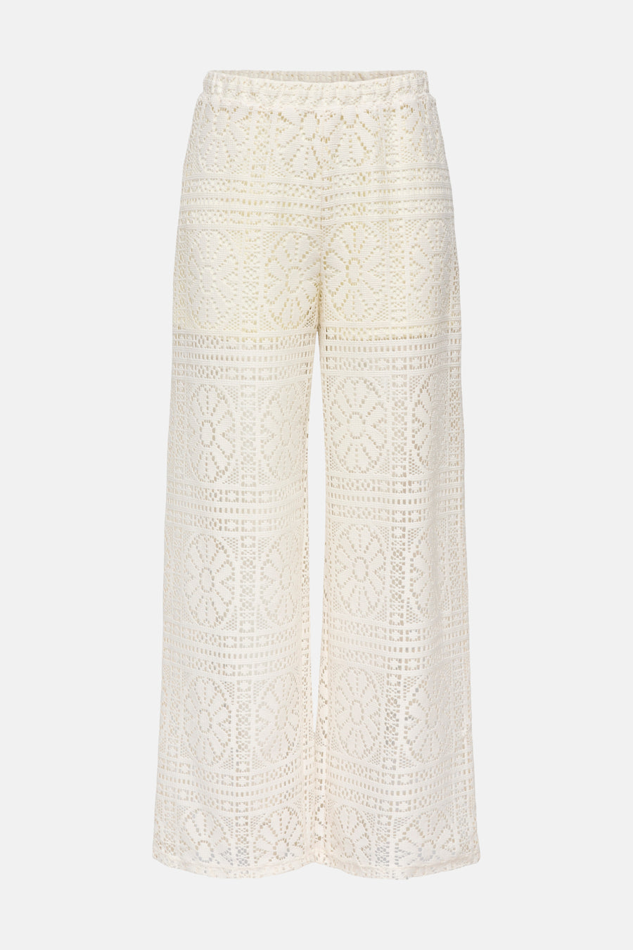 Pantalon écru de ONLY en dentelle ajourée à motif floral et géométrique, coupe large.