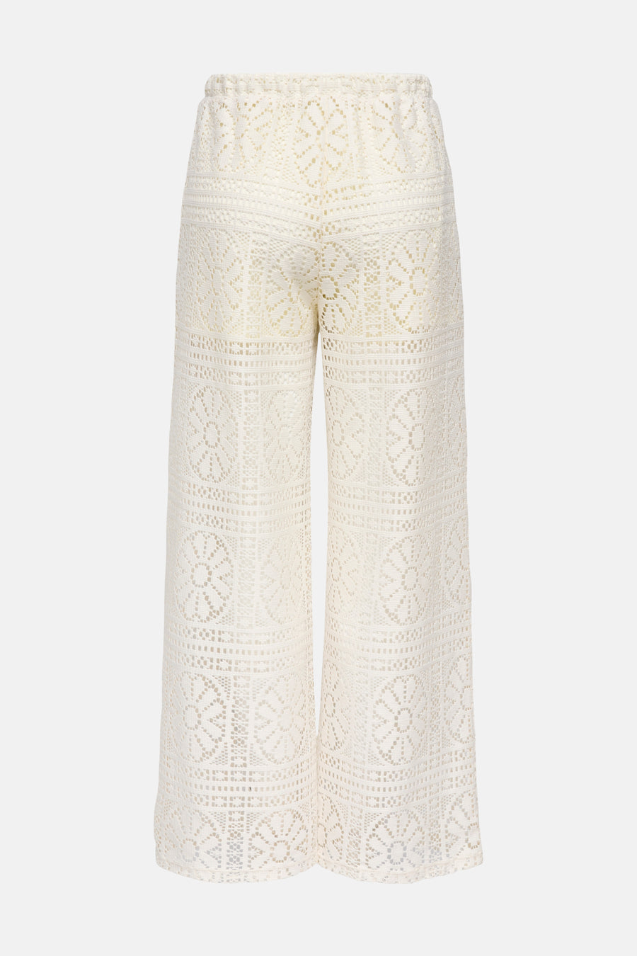 Pantalon écru de ONLY® en crochet à motifs géométriques et floraux, taille élastiquée, vue de dos.