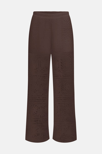 Bruine broek van ONLY® met wijde pasvorm en ajour gehaakt patroon.
