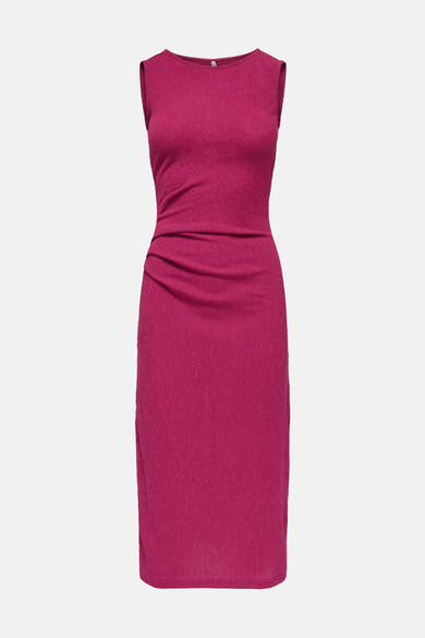 Roze textuurjurk van ONLY, mouwloos, met boothals en plooien bij de taille.