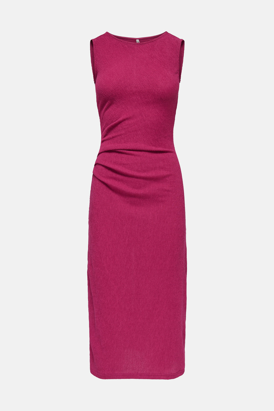 Roze textuurjurk van ONLY, mouwloos, met boothals en plooien bij de taille.