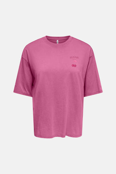 T-shirt rose de ONLY® avec un motif graphique "TENNIS Society 1989" et des balles de tennis sur la poitrine.