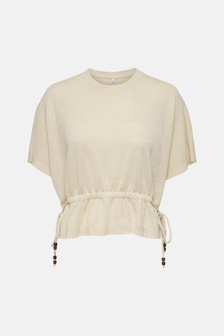 Blouse beige de ONLY® à manches courtes, col rond et cordon de serrage avec perles en bois.