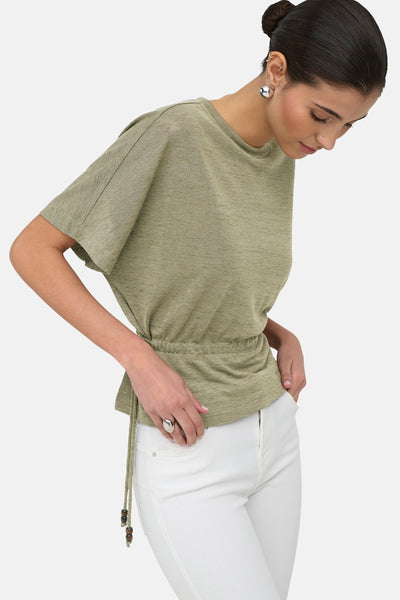 T-shirt kaki de ONLY® en maille texturée à col rond et taille à cordon de serrage.