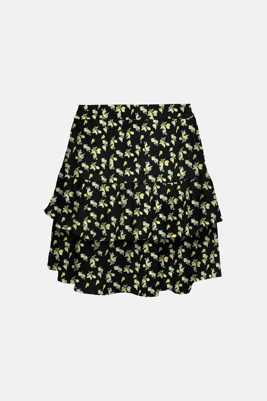 Jupe courte noire de ONLY® à motif citrons jaunes et volants superposés.