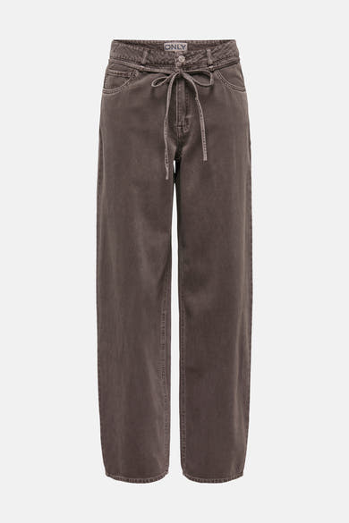 Jeans coloré brun par ONLY, avec une ceinture à nouer, coupe ample et poches avant.