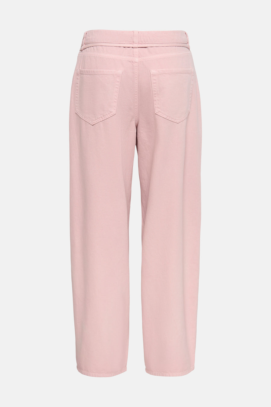Jean coloré rose de ONLY®, vue arrière avec poches plaquées et ceinture assortie.