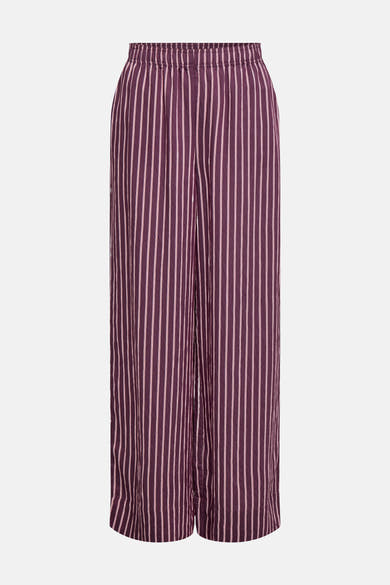 Paarse broek van ONLY® met fijne roze verticale strepen, elastische tailleband en wijde pasvorm.