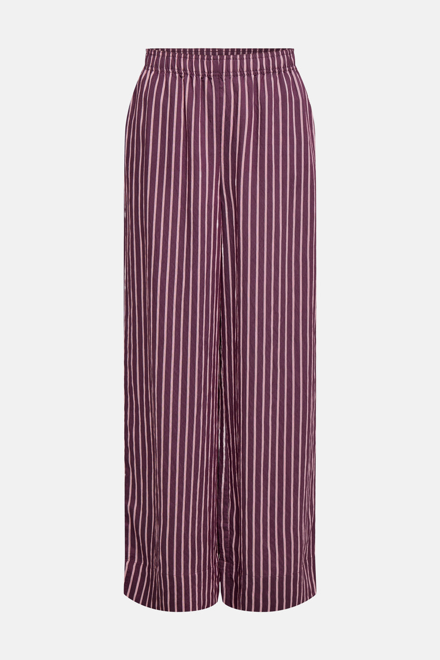 Paarse broek van ONLY® met fijne roze verticale strepen, elastische tailleband en wijde pasvorm.