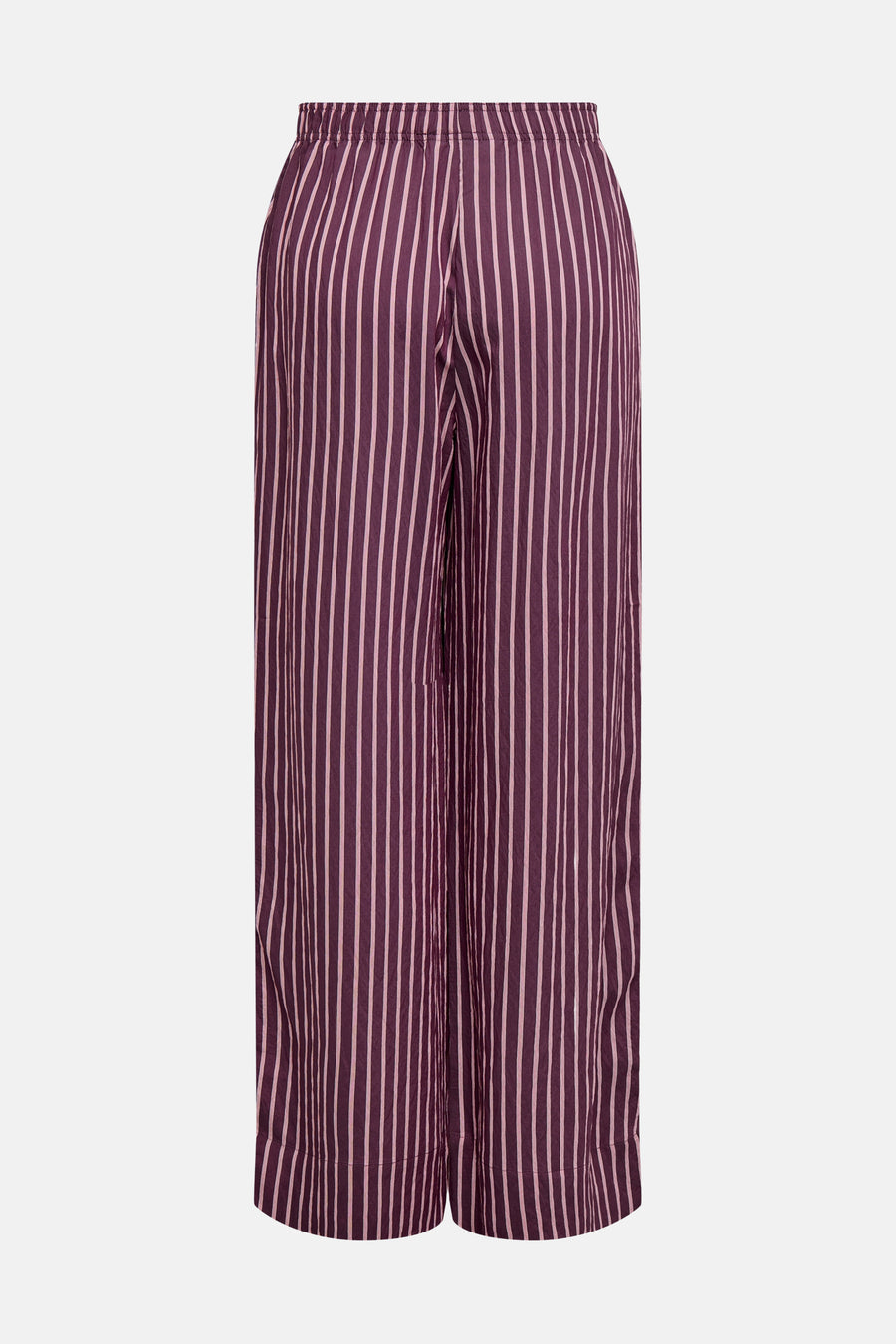 Paarse broek van ONLY met fijne verticale strepen, elastische tailleband en wijde pasvorm, achterzicht.