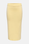 Gele 3/4 rok van JDY, met elastische tailleband en fijne ribstructuur, van achteren gezien.