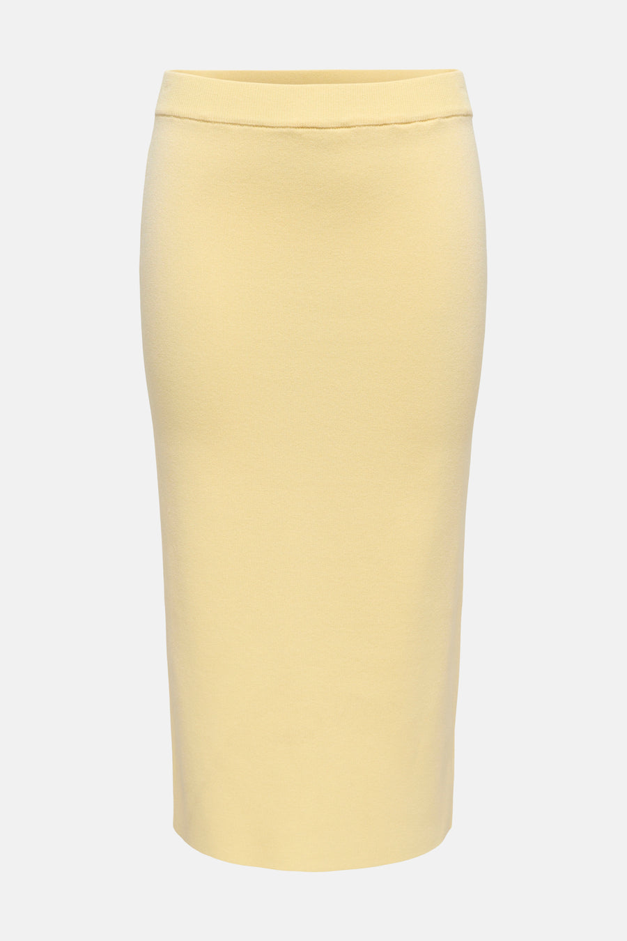 Gele 3/4 rok van JDY, met elastische tailleband en fijne ribstructuur, van achteren gezien.