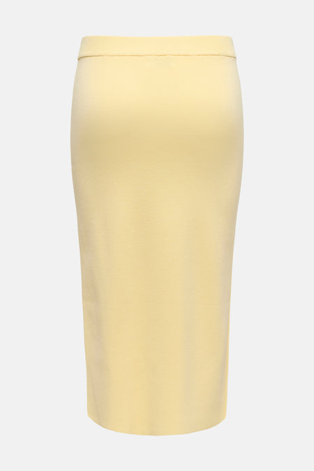 Jupe 3/4 jaune de JDY, à taille élastiquée et texture côtelée fine, vue de dos.