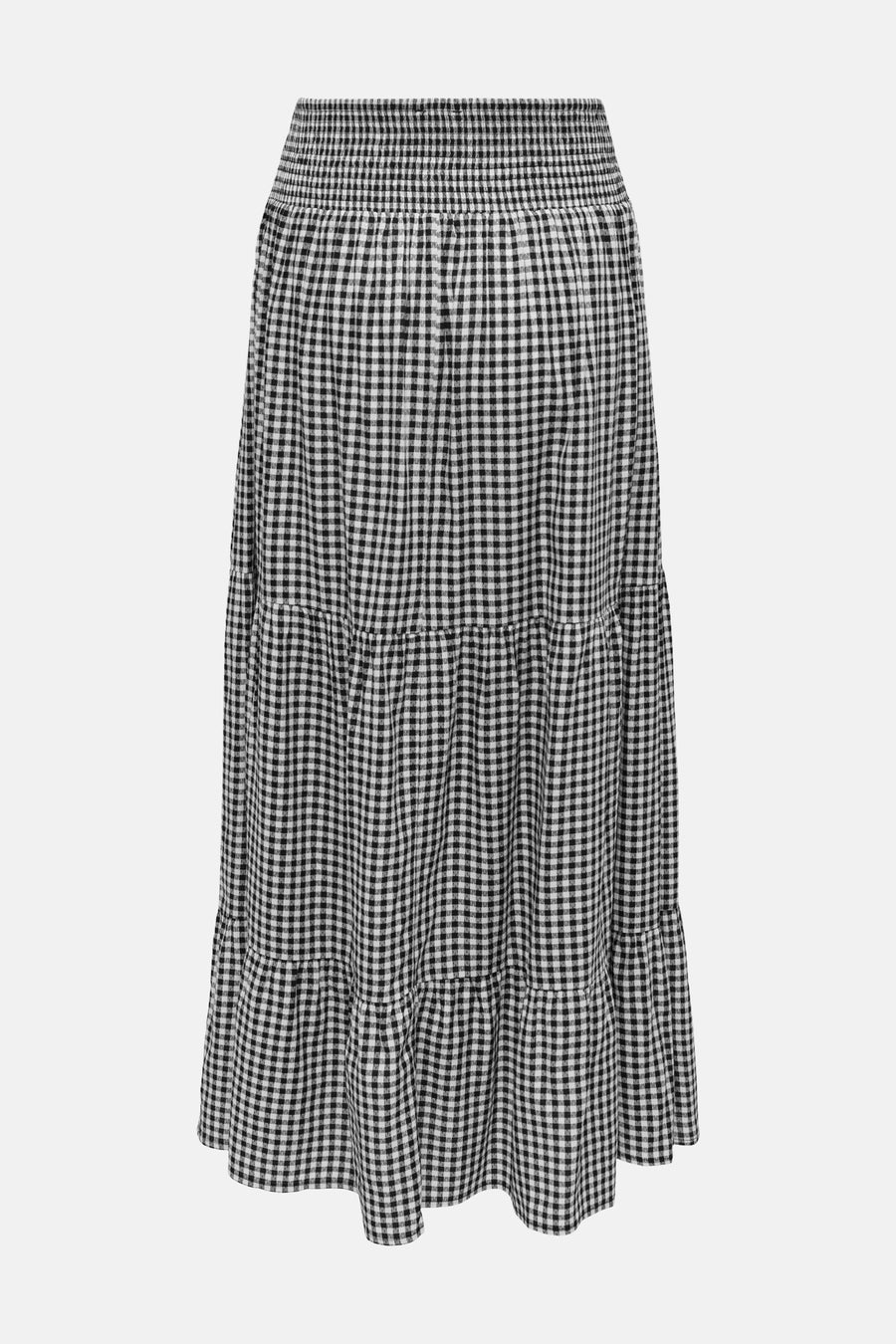 Zwarte en witte geruite lange rok van JDY, met elastische smocktaille en ruches.