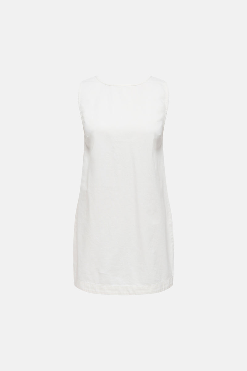 White sleeveless robe with rounded neckline and textured fabric, front view, minimalist design