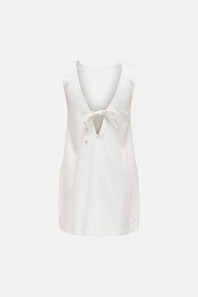 White sleeveless robe with deep V-back and tie detail, back view, lightweight fabric texture
