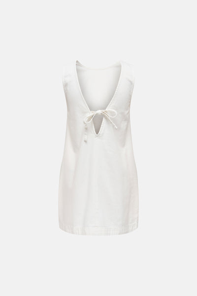 White sleeveless robe with deep V-back and tie detail, back view, lightweight fabric texture