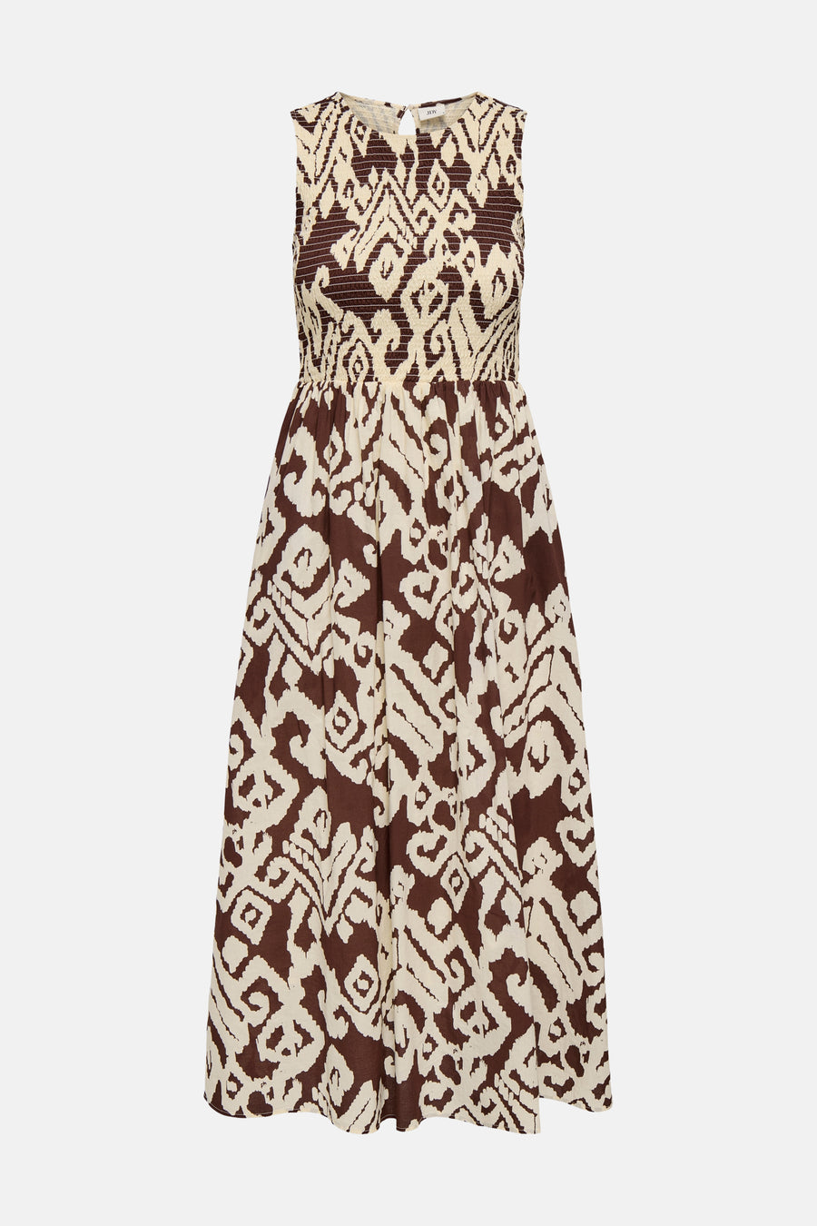 Multikleurenjurk van JDY, met een abstract bruin en beige patroon.