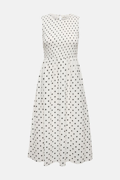 Witte jurk met zwarte stippen van JDY, mouwloos en midi-lengte.