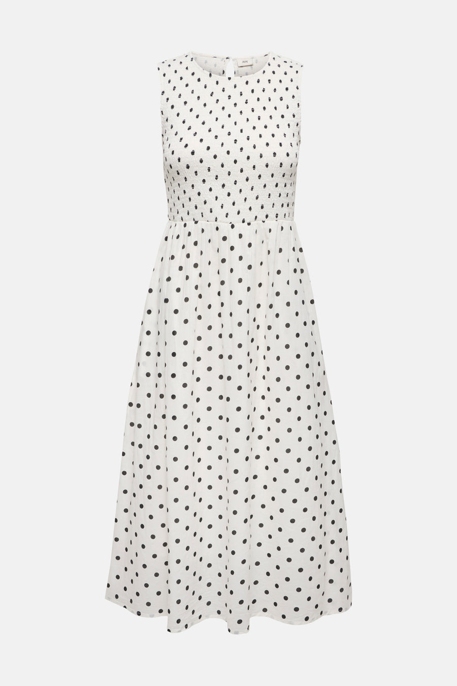 Witte jurk met zwarte stippen van JDY, mouwloos en midi-lengte.