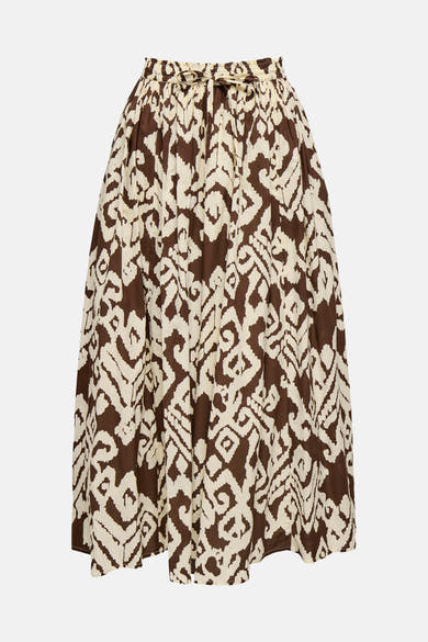 JDY lange meerkleurige rok, met een abstract bruin en beige patroon.