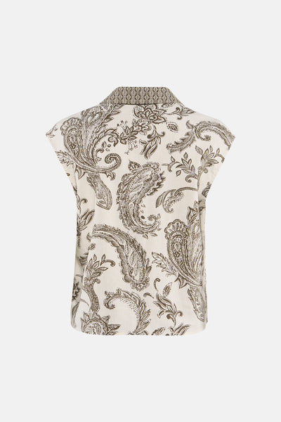 Cream short-sleeve blouse with brown paisley print, back view, lightweight fabric texture