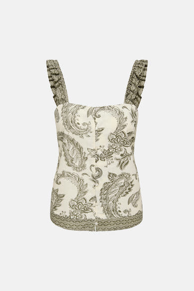 Ivy green sleeveless blouse with floral paisley print, ruched straps, front buttons, and patterned hem, shown front view