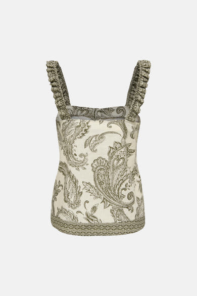 Ivy green sleeveless blouse with cream base and paisley print, ruffled straps, and patterned hem, front view
