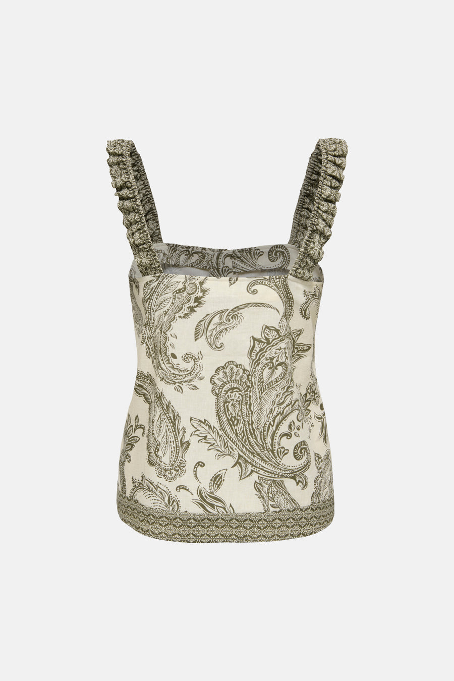 Ivy green sleeveless blouse with cream base and paisley print, ruffled straps, and patterned hem, front view