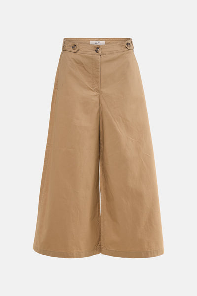 Beige wide-leg trousers by JDY, front view with button waistband and clean cotton texture