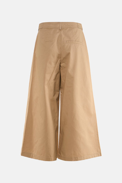 Beige wide-leg trousers with straight back view, featuring a single back pocket and clean tailored finish.