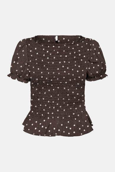 Bruin T-shirt met korte mouwen van ONLY, met witte stippen, met een smocktextuur.