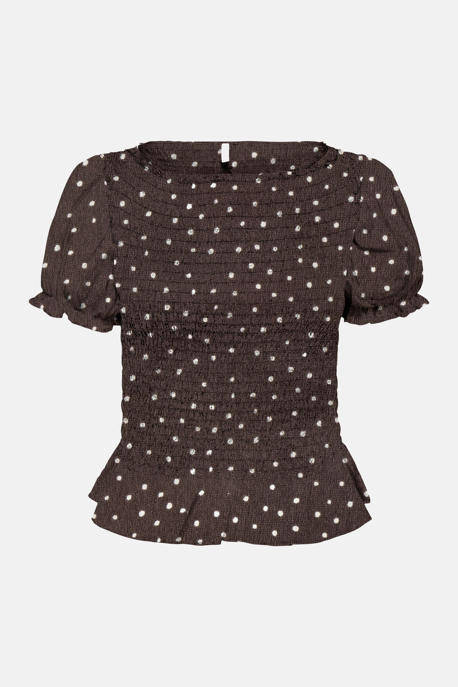 Bruin T-shirt met korte mouwen van ONLY, met witte stippen, met een smocktextuur.