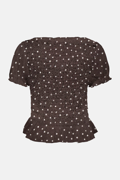 Bruin T-shirt met korte mouwen van ONLY, met witte stippen en een smocktextuur.