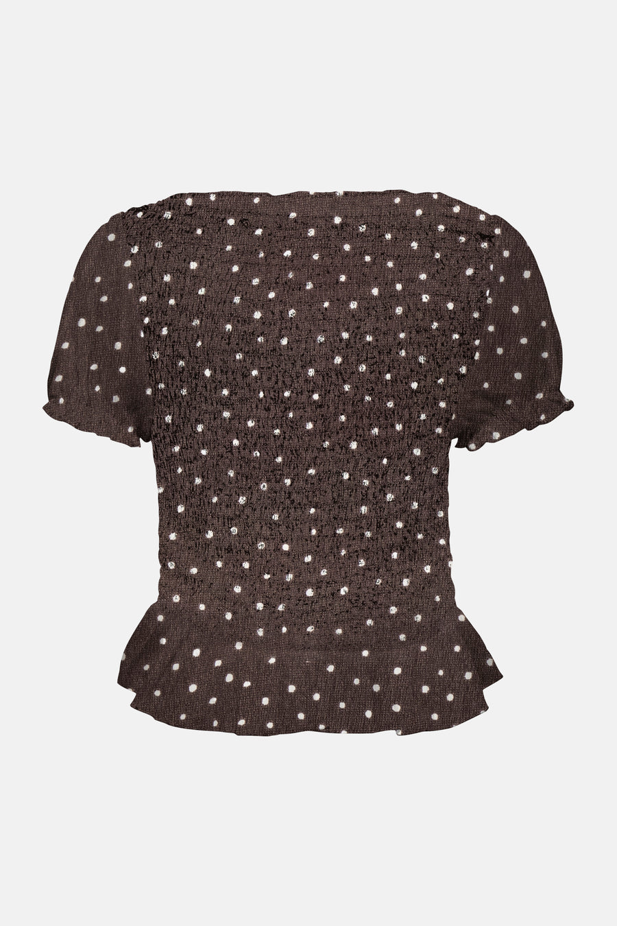 Bruin T-shirt met korte mouwen van ONLY, met witte stippen en een smocktextuur.