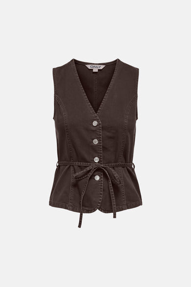 Brown sleeveless blazer by ONLY with front buttons and tie waist, textured fabric, front view