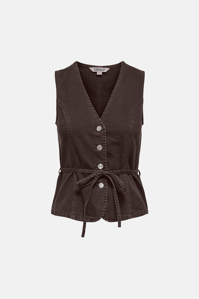 Brown sleeveless blazer by ONLY with front buttons and tie waist, textured fabric, front view