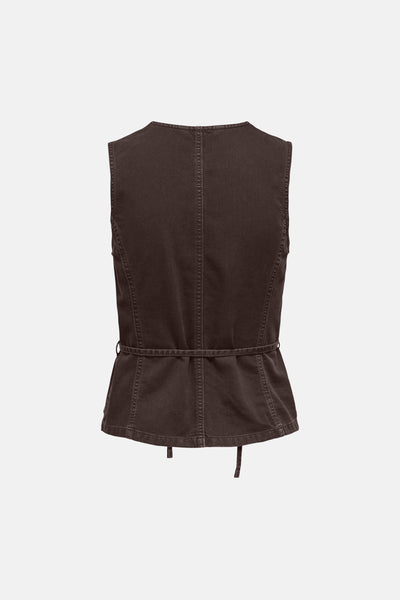 Brown sleeveless blazer with structured back seam and drawstring waist, shown from rear view
