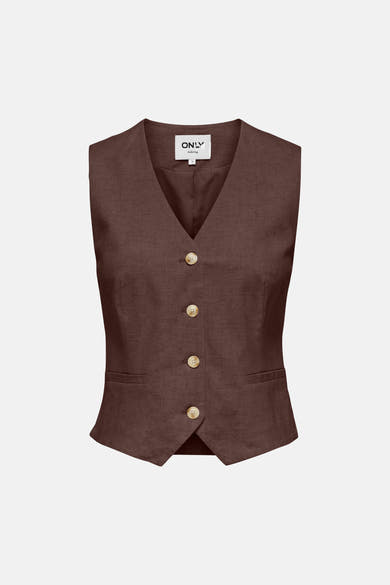 Bruine blazer van ONLY® zonder mouwen in getextureerde stof, achterzicht.