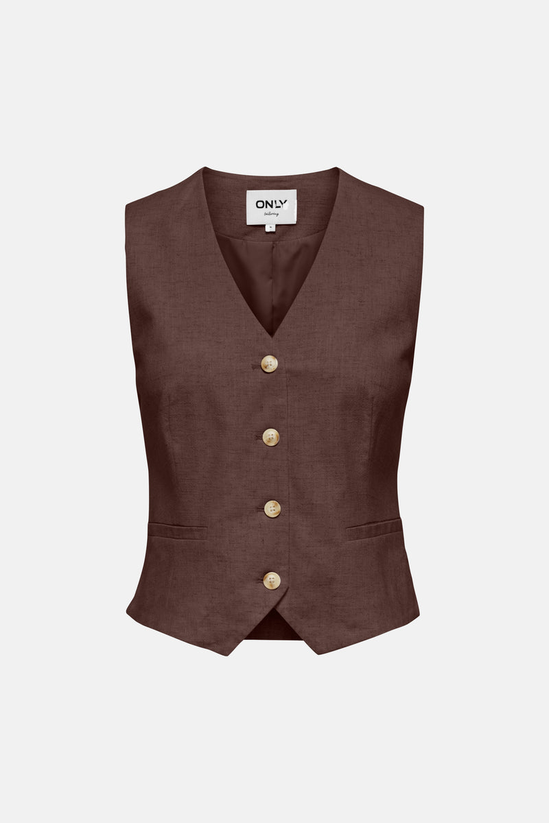 Bruine blazer van ONLY® zonder mouwen in getextureerde stof, achterzicht.