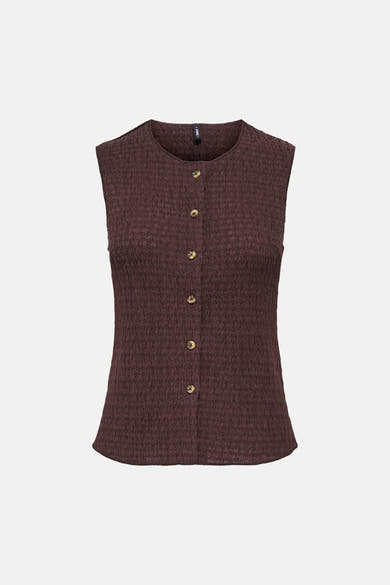 Bruin wafelgebreid vest van ONLY, met knoopsluiting aan de voorkant.