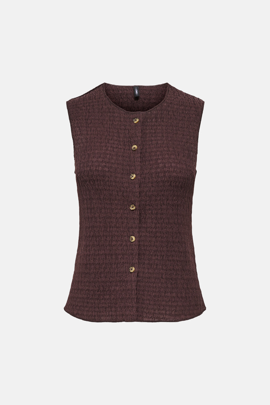 Bruin wafelgebreid vest van ONLY, met knoopsluiting aan de voorkant.