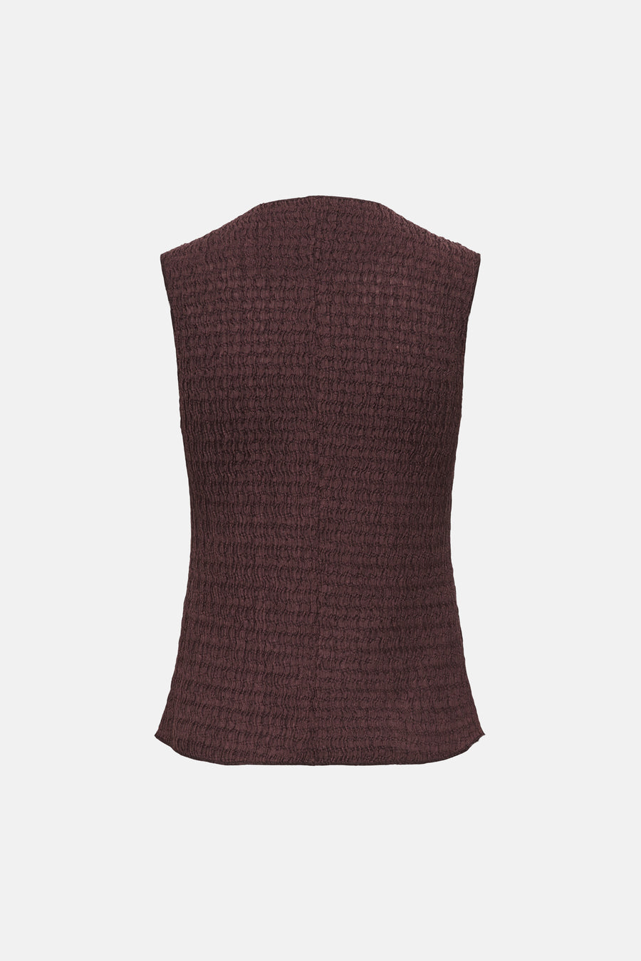 Bruin gilet van ONLY®, wafelstructuur, getailleerd mouwloos model, op een effen achtergrond.