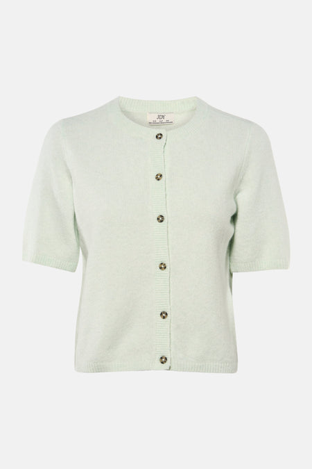 Pull vert en maille de JDY, avec une coupe courte et des manches courtes.