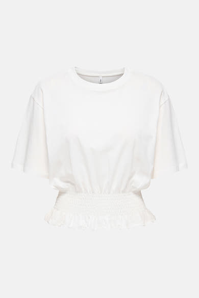Wit T-shirt van ONLY®, achterkant, korte mouwen en geplooide taille met ruchezoom.
