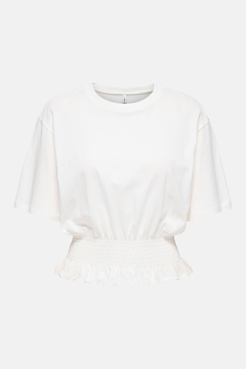 T-shirt blanc de ONLY® à col rond, manches courtes, taille smockée et ourlet volanté.