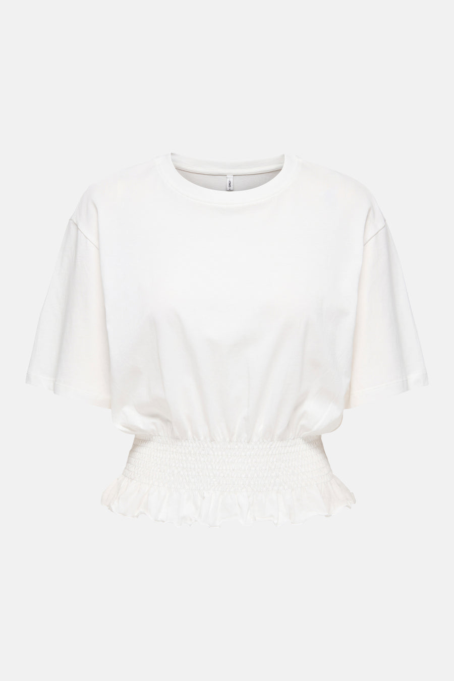 Wit T-shirt van ONLY®, achterkant, korte mouwen en geplooide taille met ruchezoom.