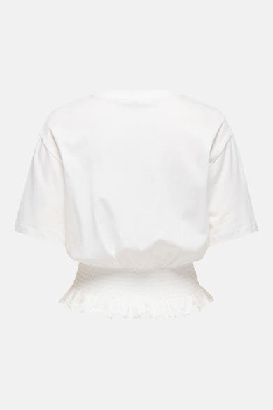T-shirt blanc de ONLY®, vue de dos, à manches courtes et taille froncée avec ourlet volanté.